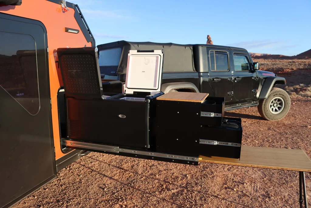 TetonX overlanding trailer exterior view pull-out kitchen.
