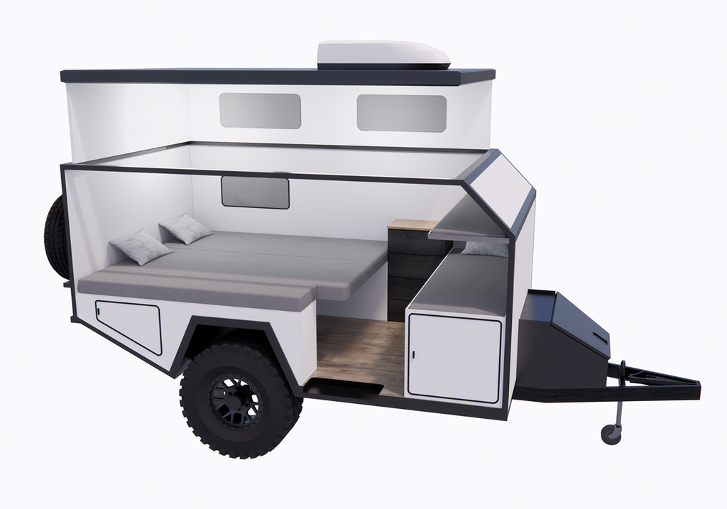 TetonX overlanding trailer floor plan - with king bed.