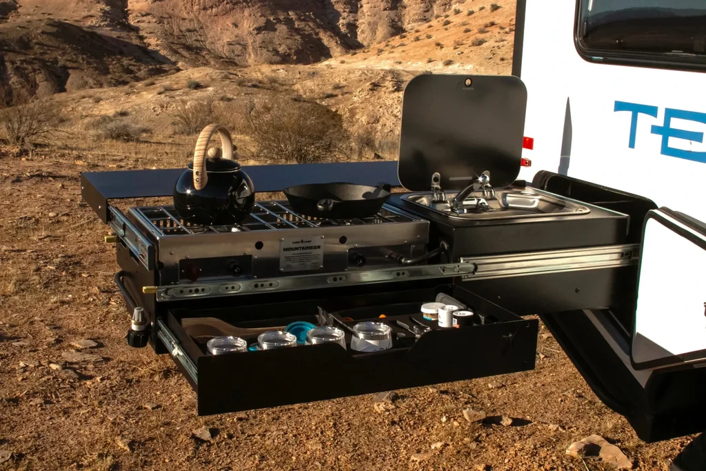 TetonX overlanding trailer pull-out kitchen spacious interior layout.